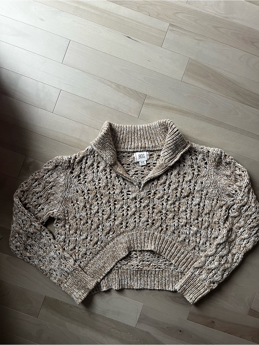 BDG Marled Beige Cable Knit Shawl-Collar Sweater